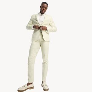 ASOS Design Sz 30 Super Skinny Suit Pant In Puppytooth Check Linen Green Stretch